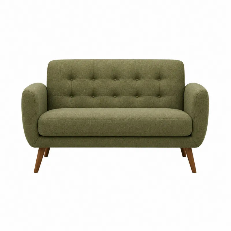 Dwuosobowa sofa tkanina lniana zielona, nogi drewniane